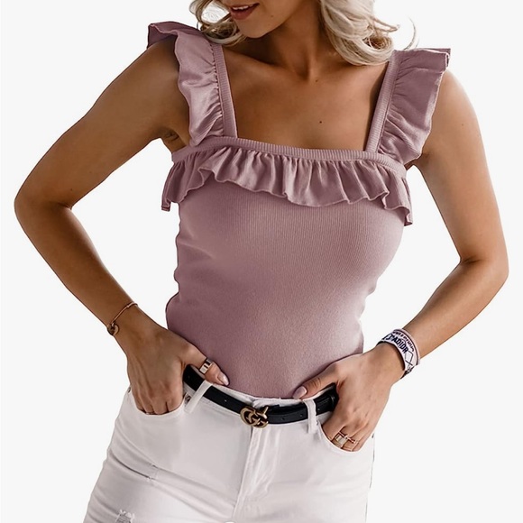 Womens Cute Sleeveless Tank Tops Ruffle Strap Square Neck: color: V-pink - Picture 1 of 7